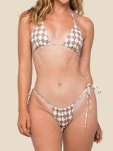 woman wearing brown and white gingham string bikini from the front