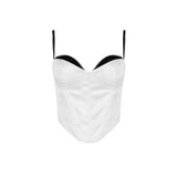 A white satin corset top with black trim and spaghetti straps, shown flat against a white background.