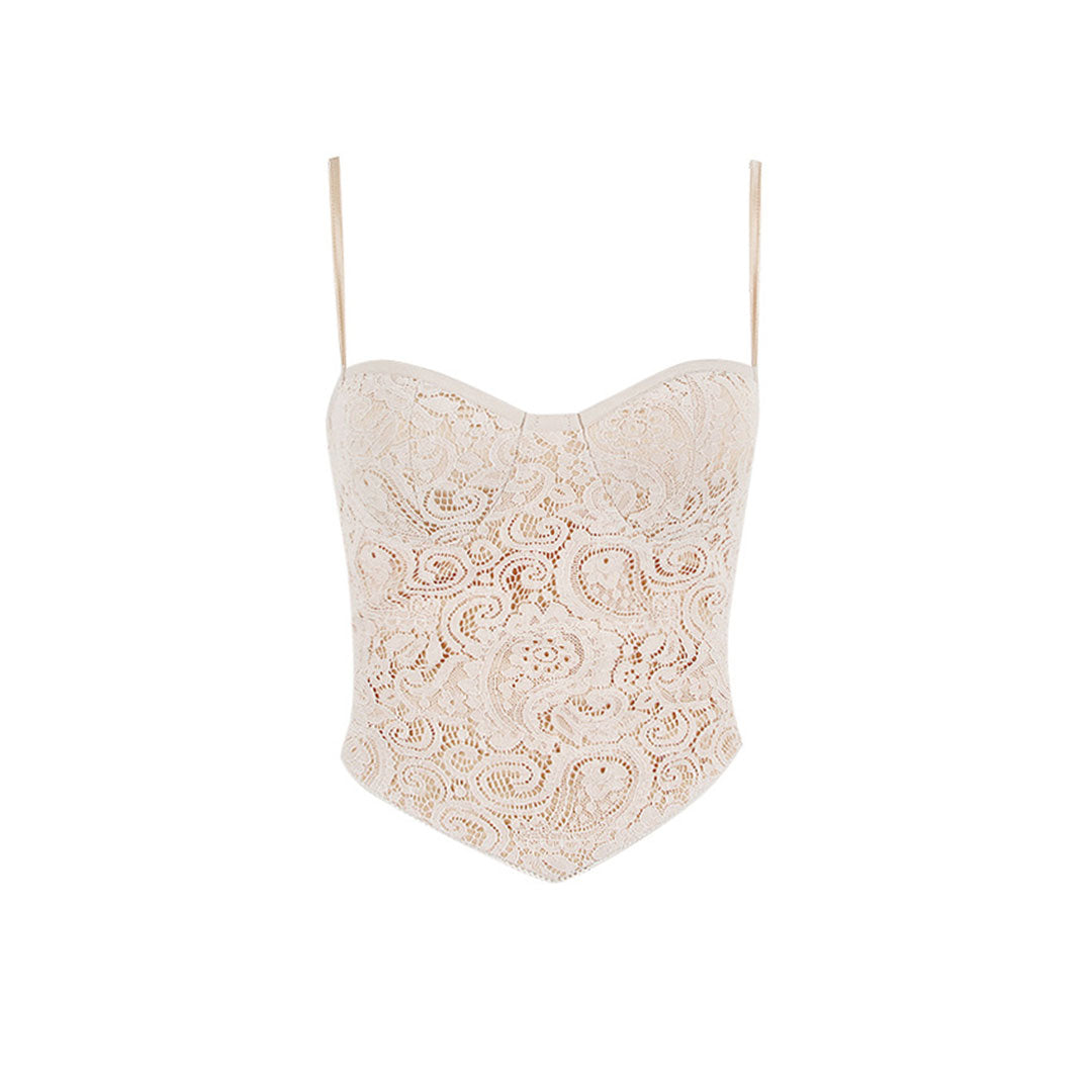 A beige lace corset top with a sweetheart neckline and adjustable spaghetti straps, shown front-on