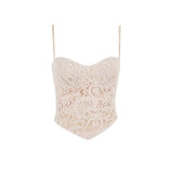 A beige lace corset top with a sweetheart neckline and adjustable spaghetti straps, shown front-on