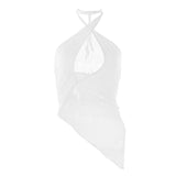 A white halter top with a plunging neckline and asymmetrical hem, made of sheer fabric.