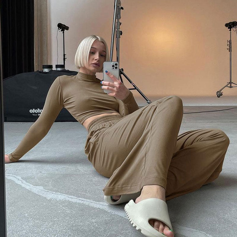 Long Sleeve Crop Top Wide Leg Pants Matching Set - Khaki
