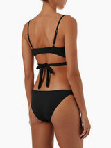 back view of a woman wearing a black bikini