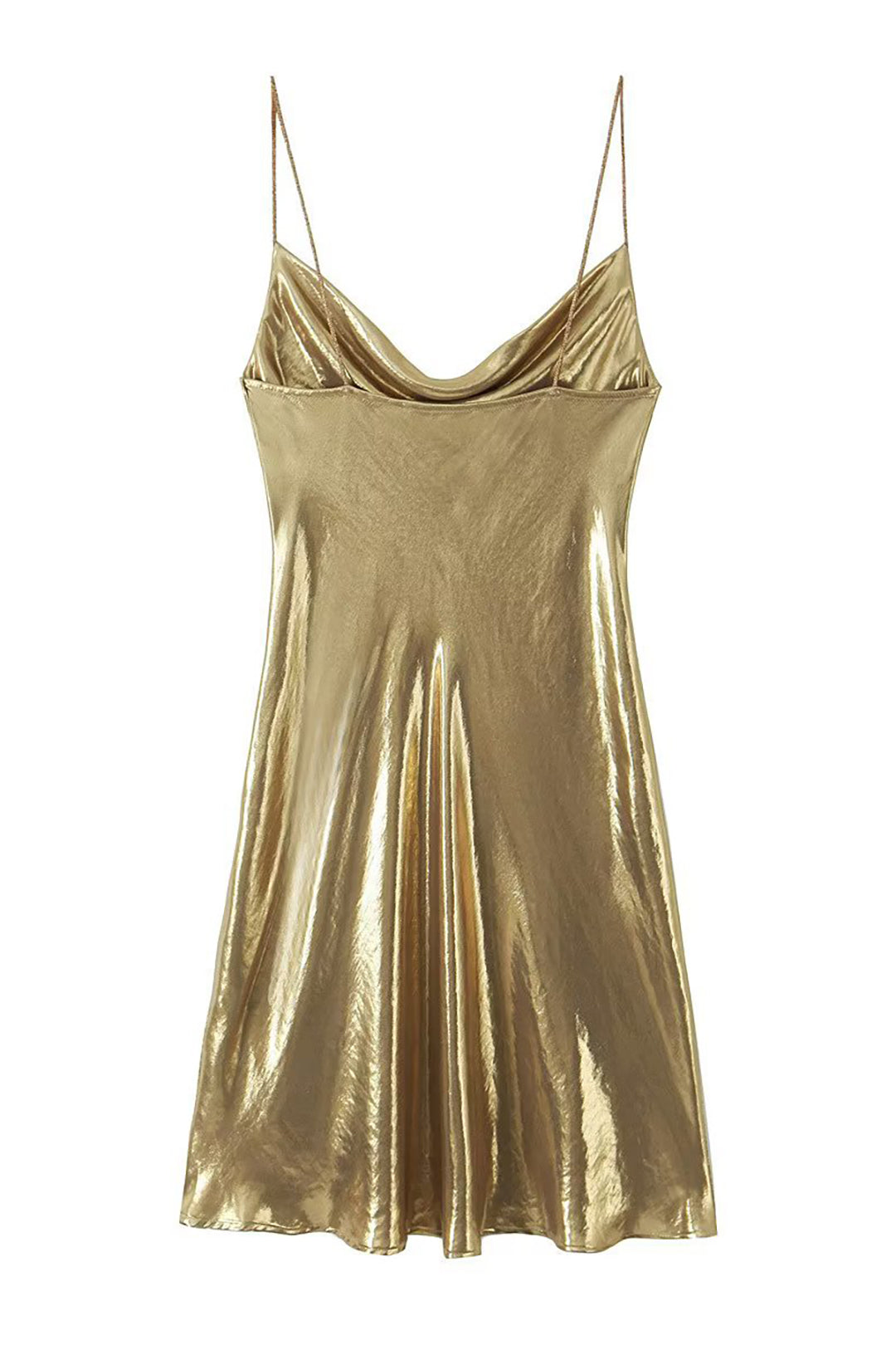 A back view of a gold slip dress with a cowl neckline and spaghetti straps.