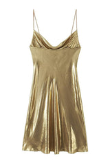 A back view of a gold slip dress with a cowl neckline and spaghetti straps.