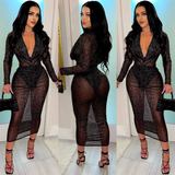 three views of a woman wearing a sheer black long-sleeved dress with a plunging neckline and a high slit, holding a black clutch bag and wearing black strappy heels