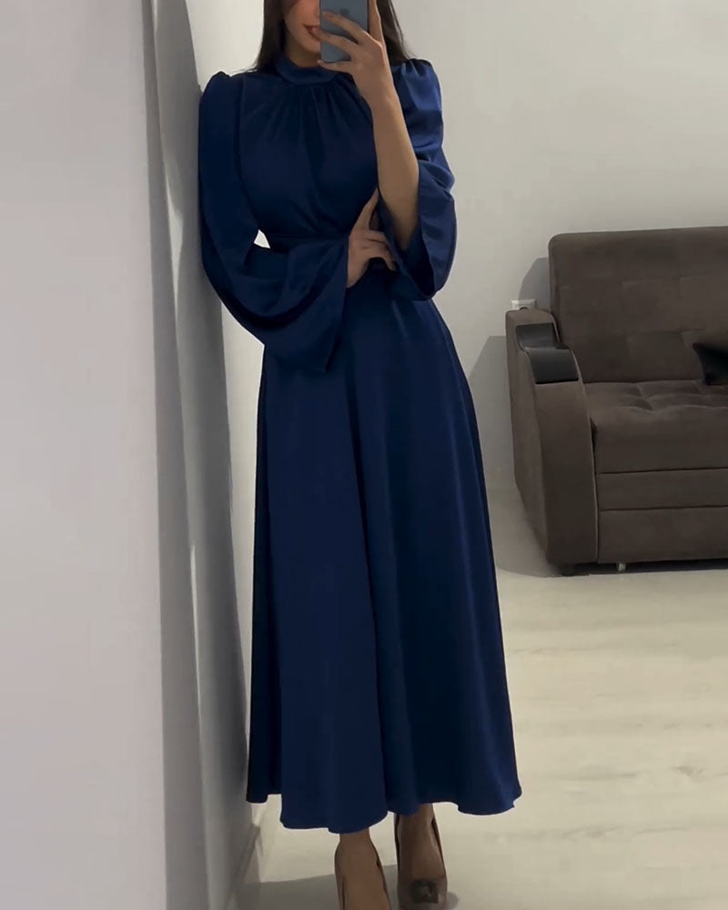 Clistos Mock Neck Bell Sleeve Satin Dress - View 6 | Clistos