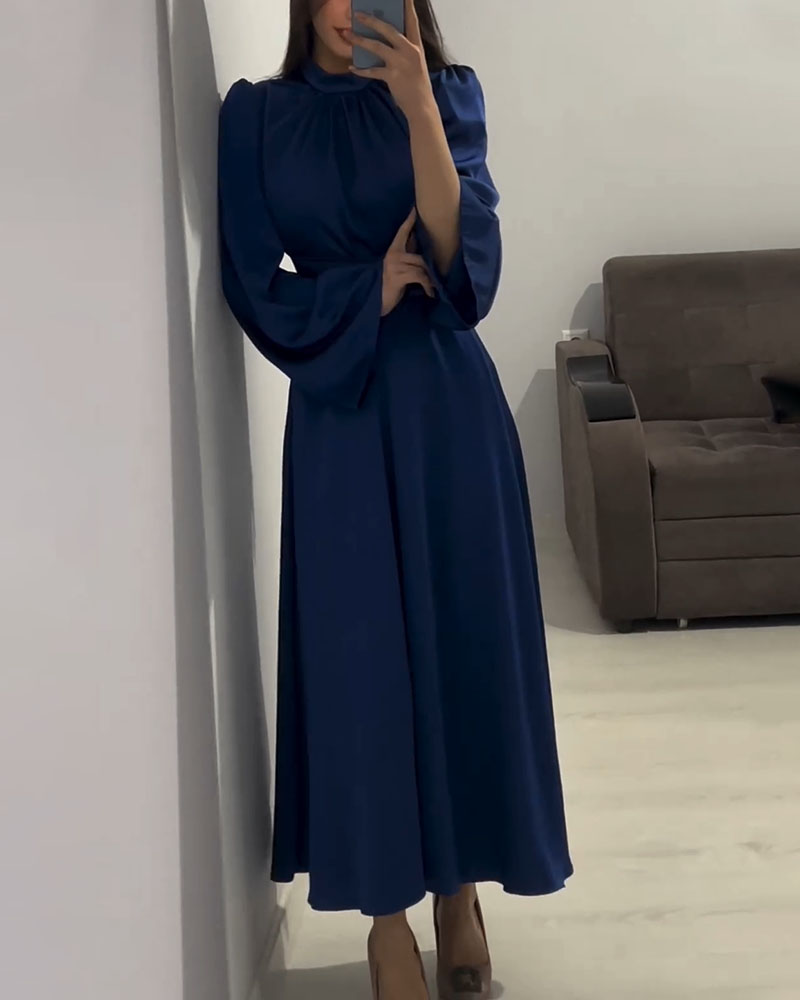 Clistos Mock Neck Bell Sleeve Satin Dress - View 12 | Clistos