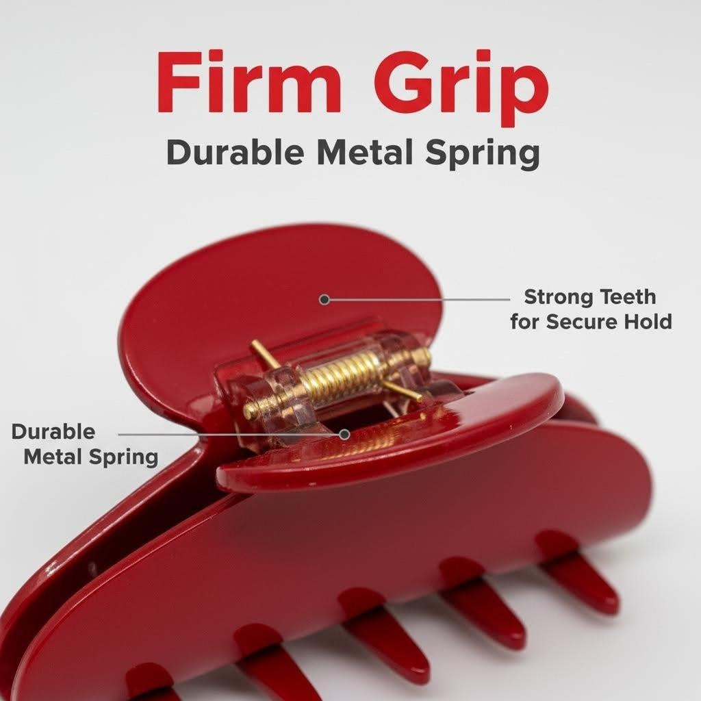 A close-up of a red claw clip showing its metal spring and teeth.