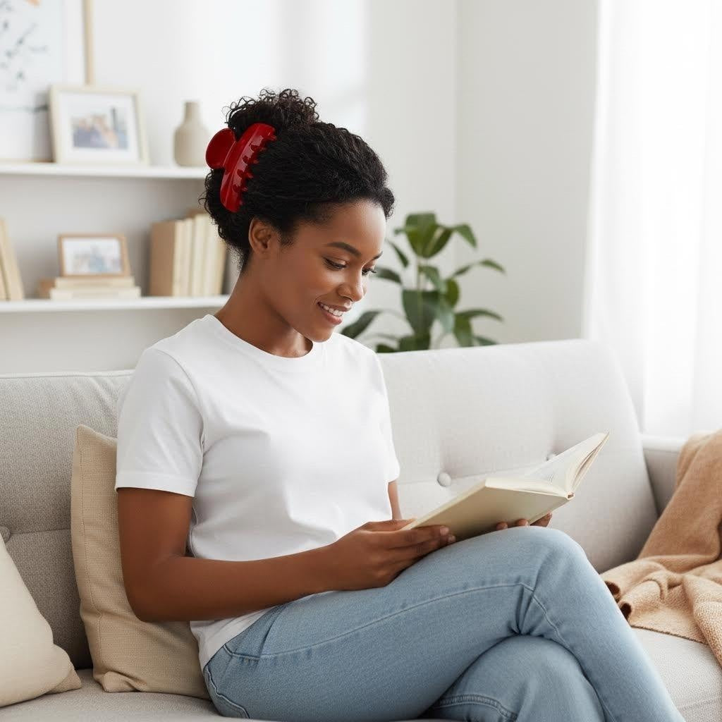 A woman with dark curly hair wearing a white t-shirt and blue jeans, reading a book while wearing a red claw clip.