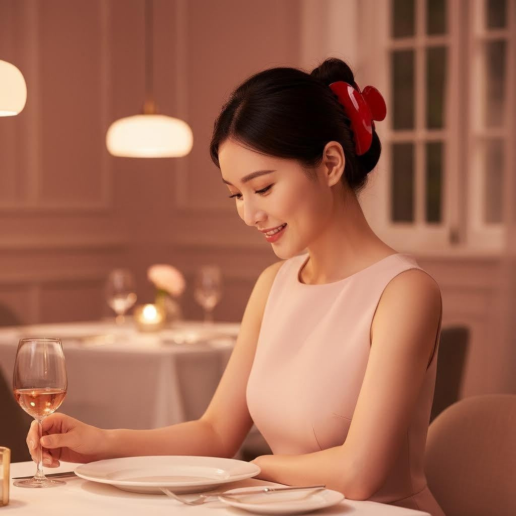 A woman with dark hair wearing a pink sleeveless dress, holding a wine glass and wearing a red claw clip in her hair.