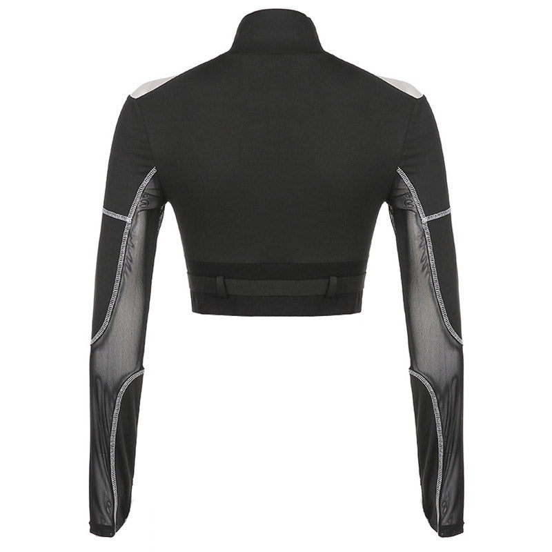 Back view of a black long-sleeved crop top with mesh panels and cut-out shoulders.