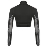 Back view of a black long-sleeved crop top with mesh panels and cut-out shoulders.