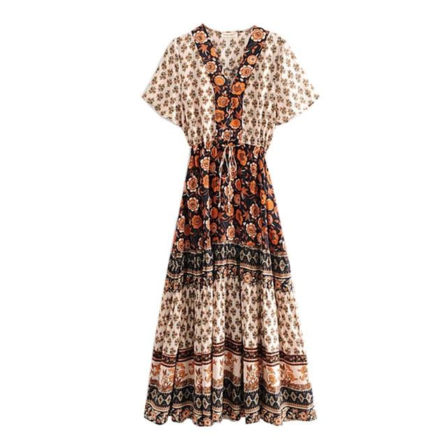front view of a floral print maxi dress