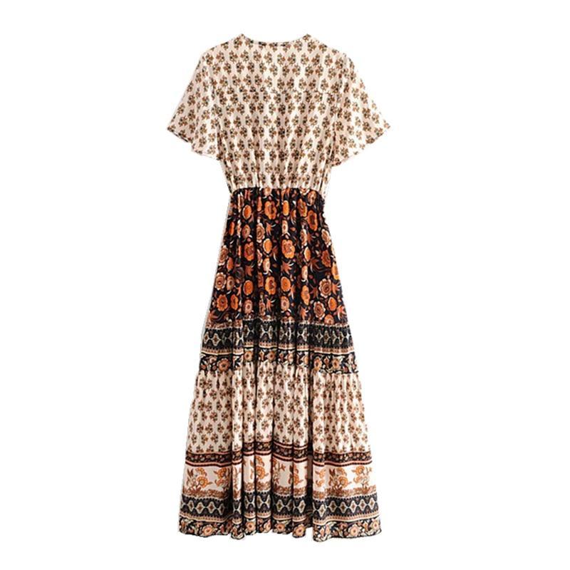 back view of a floral print maxi dress
