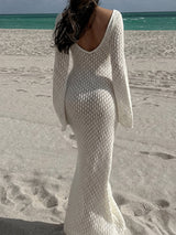 Boho crochet knit maxi dress with deep V-neck and bell sleeves - View 11 | Clistos