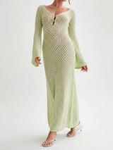Boho crochet knit maxi dress with deep V-neck and bell sleeves - View 8 | Clistos