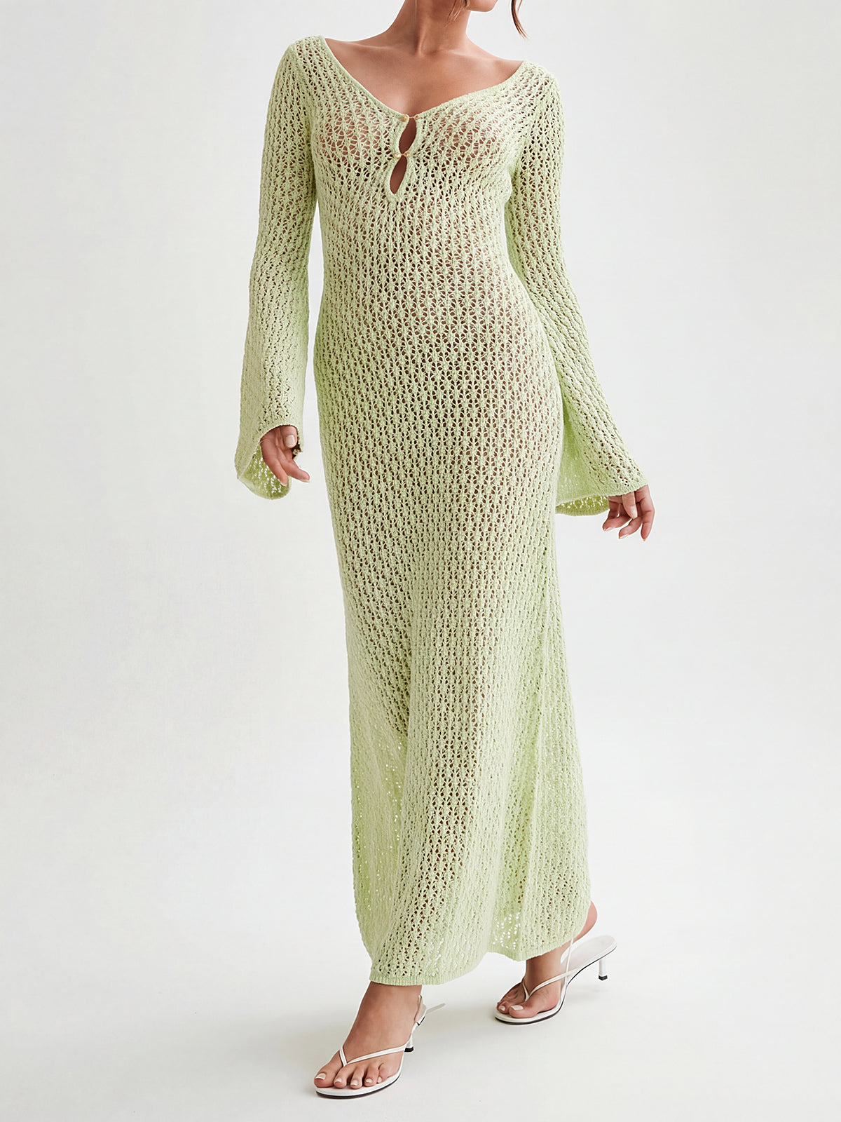 Boho crochet knit maxi dress with deep V-neck and bell sleeves - View 8 | Clistos