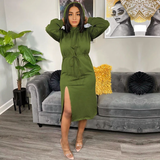 Hooded knit midi dress with drawstring waist and high slit - View 9 | Clistos
