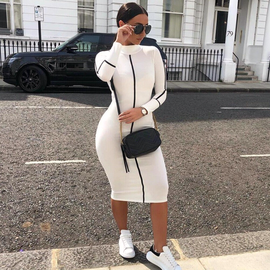 Clistos striped mock neck long sleeve bodycon knit dress - View 7 | Clistos