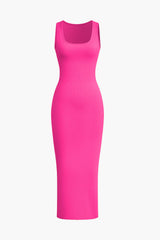 A bright pink sleeveless ribbed bodycon maxi dress with a scoop neck, shown from the front.