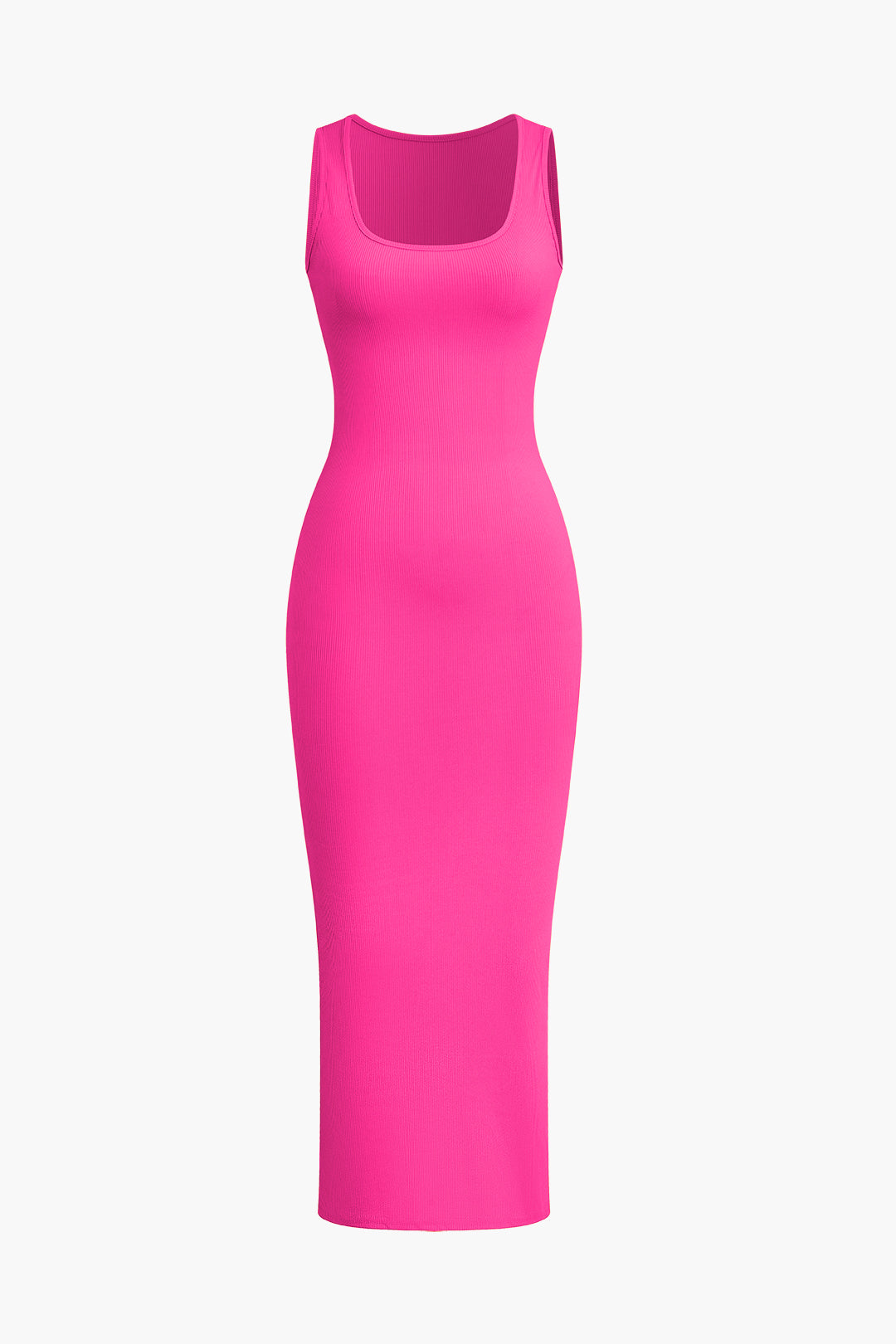A bright pink sleeveless ribbed bodycon maxi dress with a scoop neck, shown from the front.