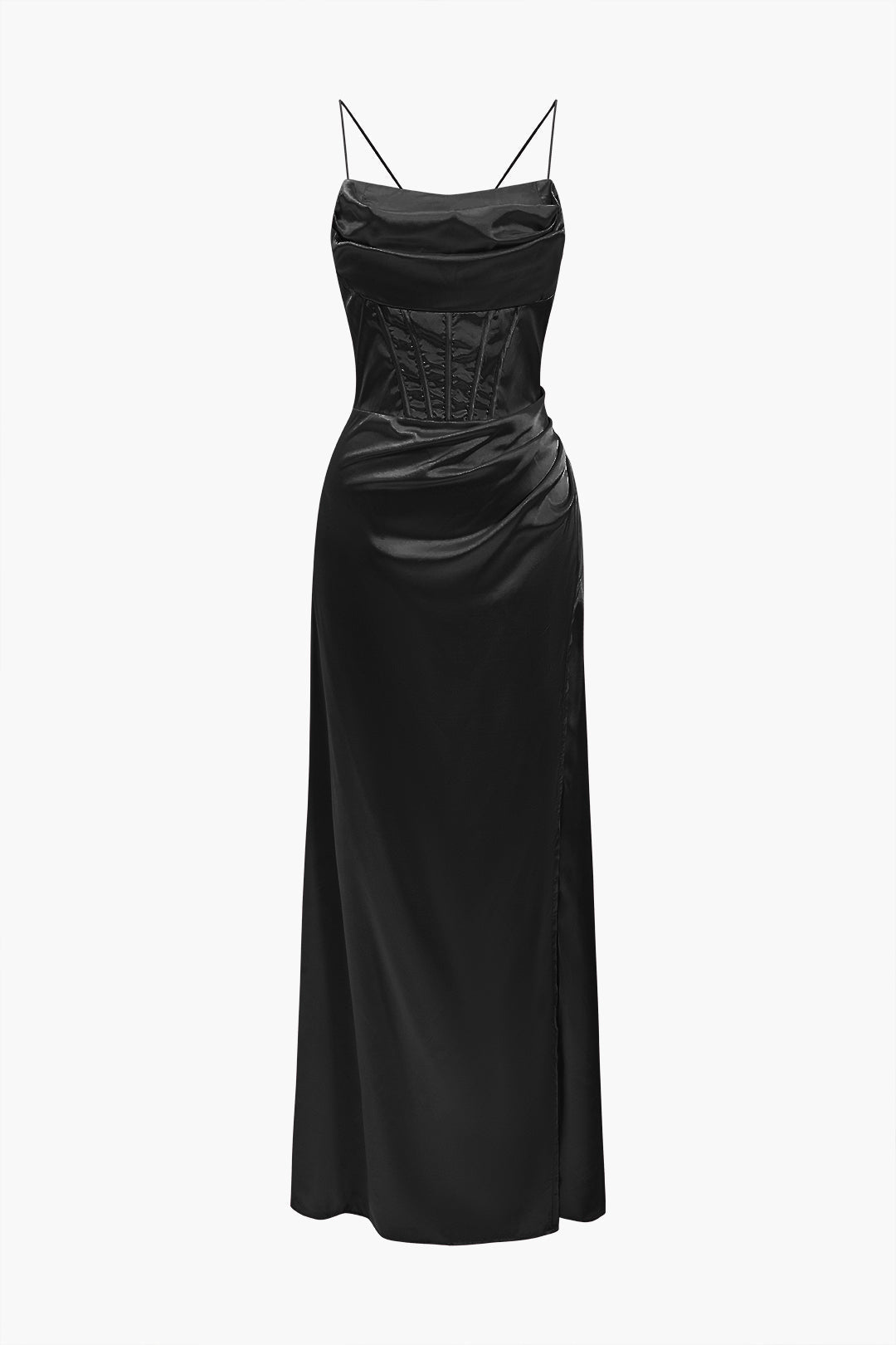 A black satin gown with a corset bodice and high slit, displayed front-on.