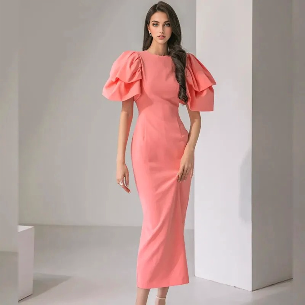 Clistos Vintage Puff Sleeve Midi Dress in Pink - View 6 | Clistos