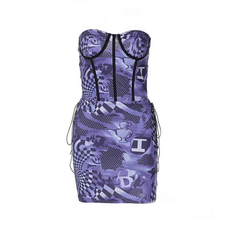 A purple and black patterned mini dress with a corset bodice and lacing details.