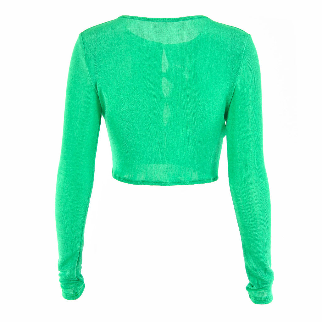 Back view of a green cropped long-sleeve top with button detailing.