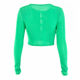 Back view of a green cropped long-sleeve top with button detailing.