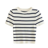 A black and white striped short-sleeved crop top.