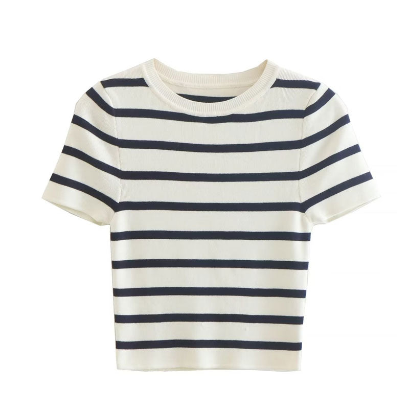 A black and white striped short-sleeved crop top.