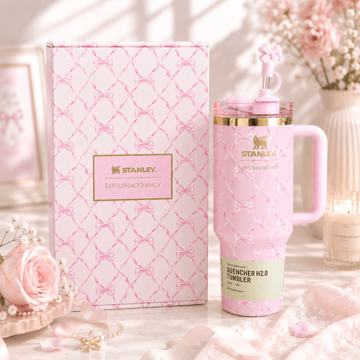 Stanley x LoveShackFancy Pink Bow 40oz Insulated Tumbler Gift Set with matching pink gift box and bow straw topper - View 3 | Clistos