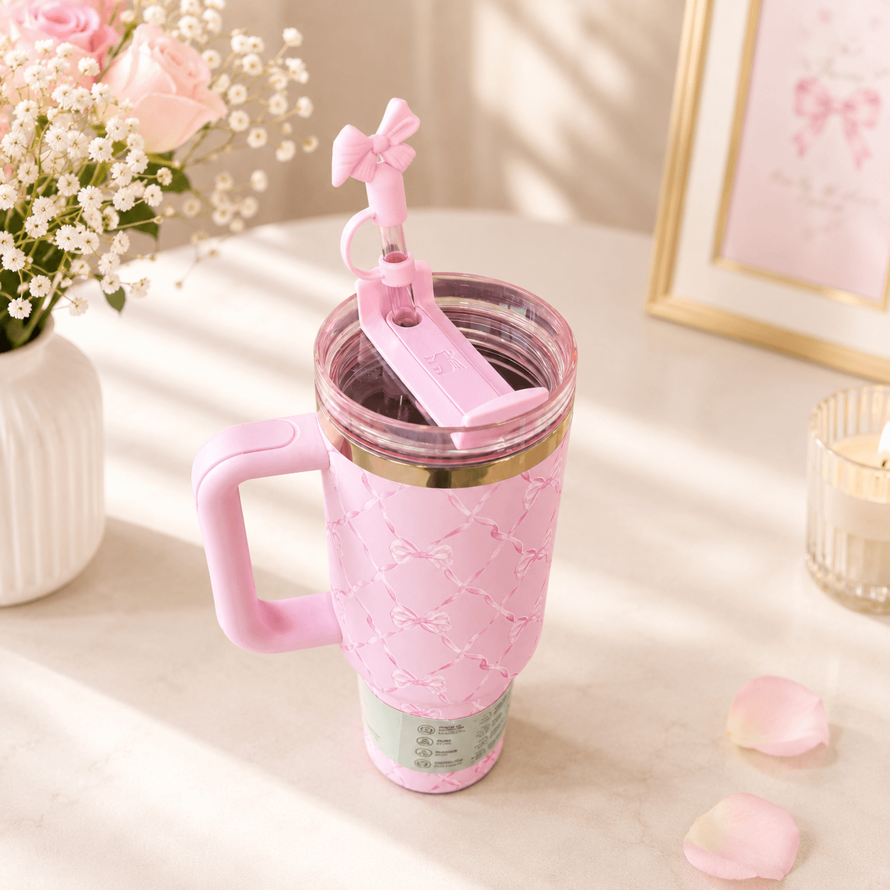Stanley x LoveShackFancy Pink Bow 40oz Insulated Tumbler Gift Set with matching pink gift box and bow straw topper - View 5 | Clistos
