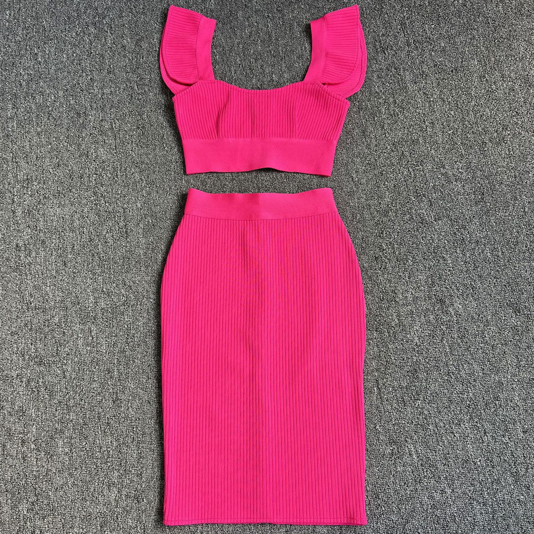 Pink ribbed knit cropped top with ruffled sleeves