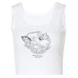 Product image of a white ribbed cropped tank top with lace trim and a graphic print of an angel holding a butterfly, surrounded by flowers and leaves. Text below reads 'Where do you go My Love?'.
