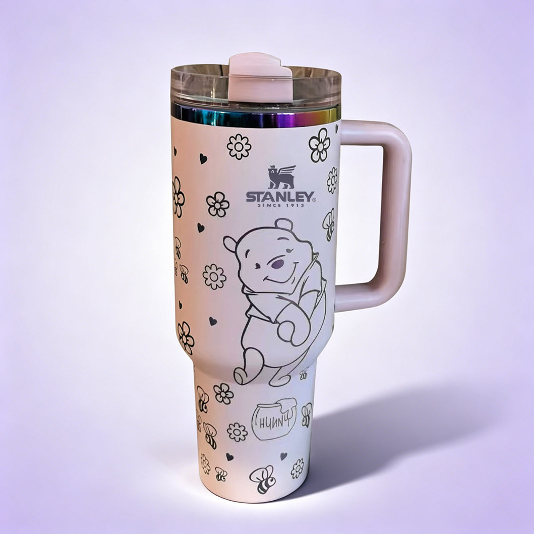 Stanley Winnie the Pooh 40oz insulated tumbler with handle and straw featuring honey bee doodles - View 2 | Clistos