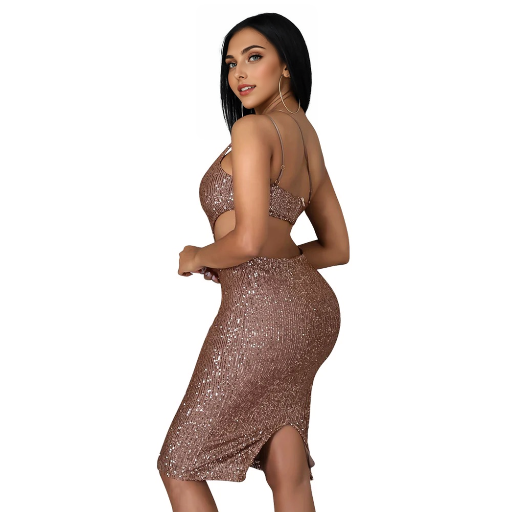 Woman in a bronze sequined one-shoulder dress with cut-outs, shown from the front