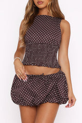 Polka dot print sleeveless crop top and bubbled mini skirt set - View 7 | Clistos