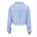 Back view of a light blue cropped button-down shirt with pleats on the back yoke and buttoned cuffs.