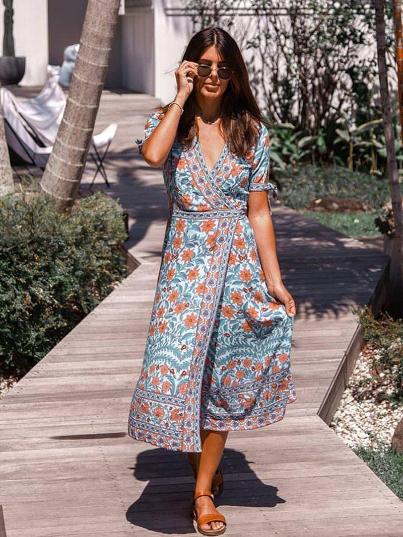 Boho Floral Wrap Midi Dress - View 8 | Clistos