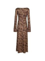 Back view of a long-sleeved brown floral print maxi dress.