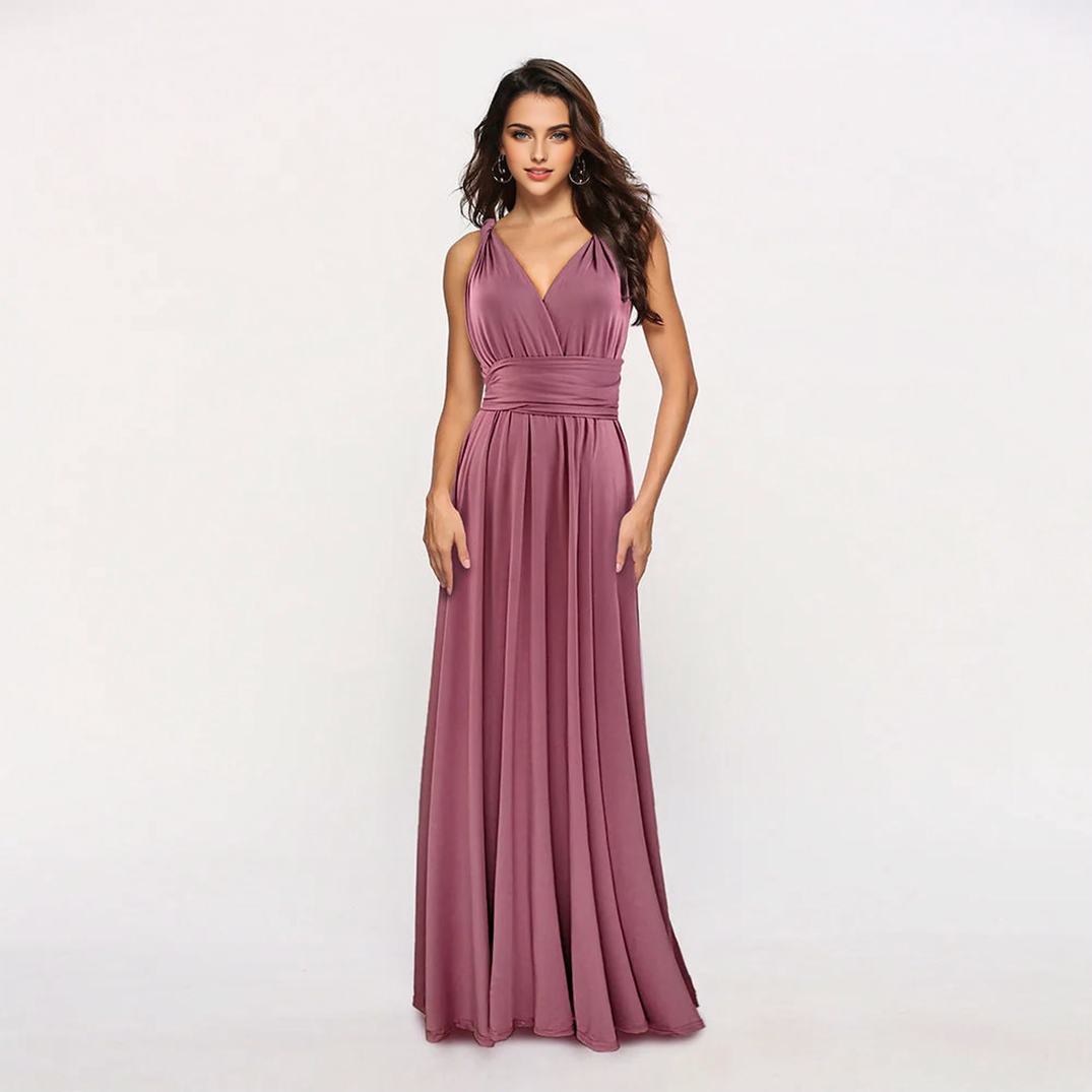 woman in a mauve convertible strap maxi dress