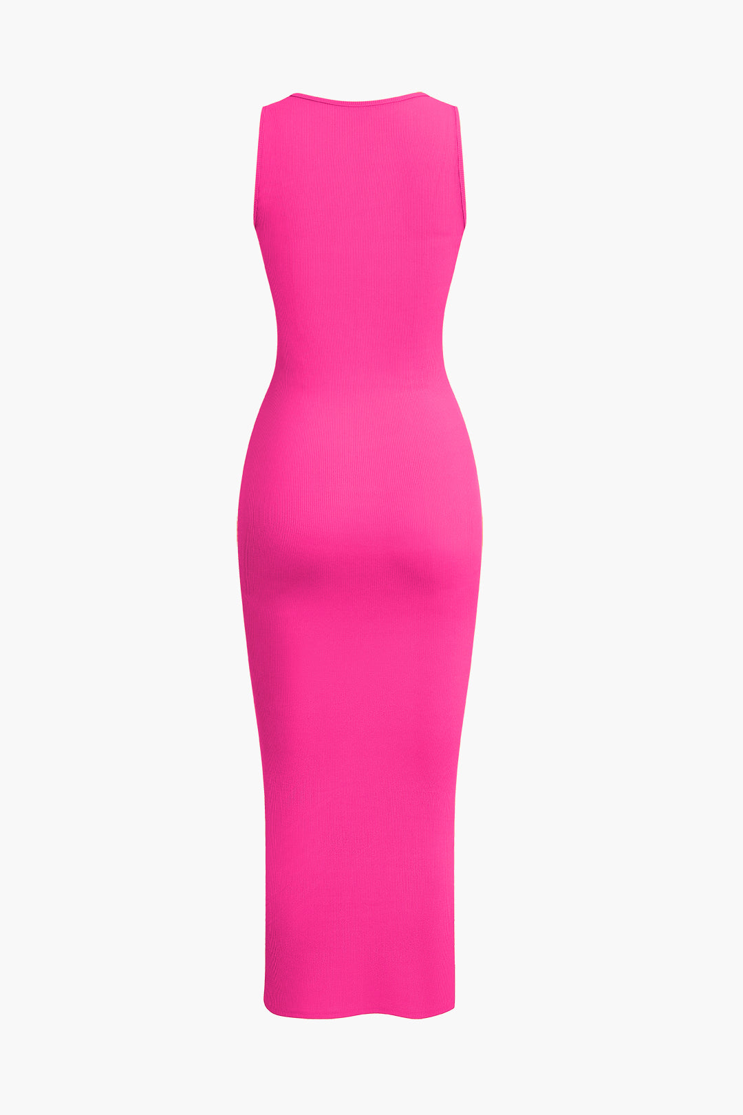 A bright pink sleeveless ribbed bodycon maxi dress with a scoop neck, shown from the back.