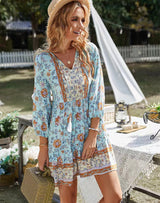 Bohemian V-neck floral print short dress - View 8 | Clistos