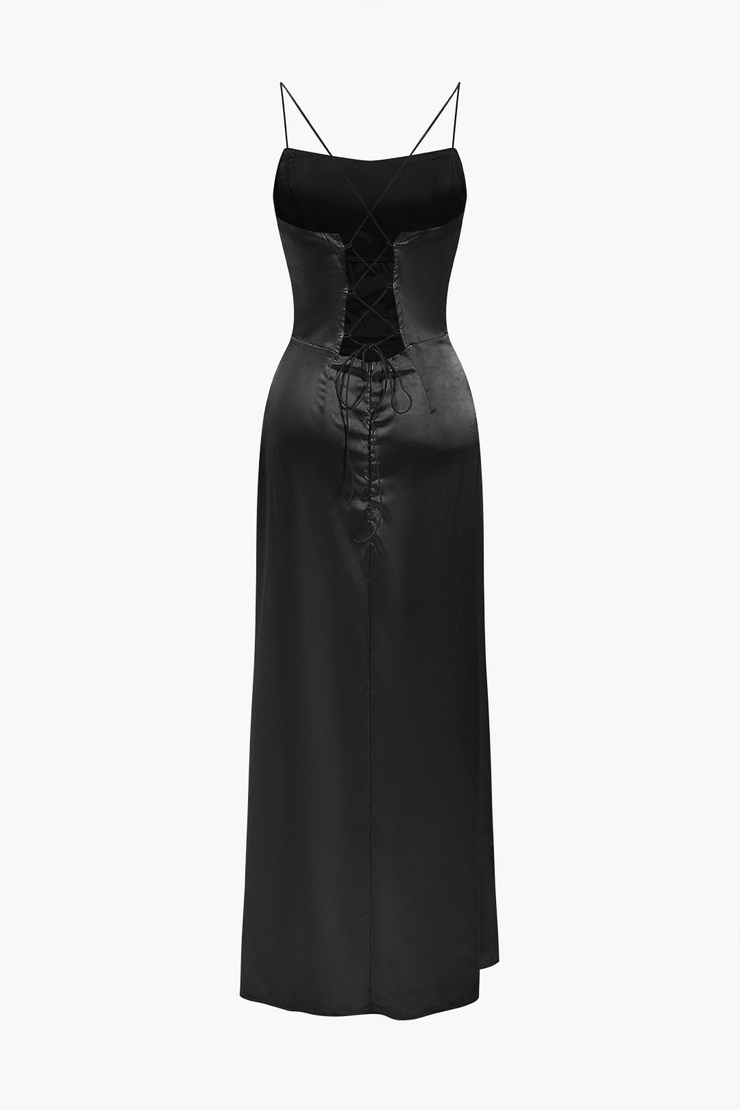 The back of a black satin gown with a lace-up detail.