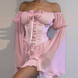 Clistos Off Shoulder Mesh Dress with Corset Bodice and Bell Sleeves - View 7 | Clistos