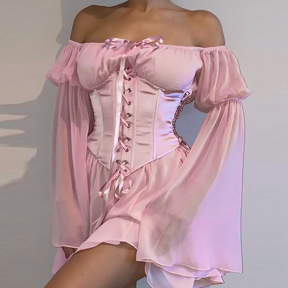 Clistos Off Shoulder Mesh Dress with Corset Bodice and Bell Sleeves - View 7 | Clistos