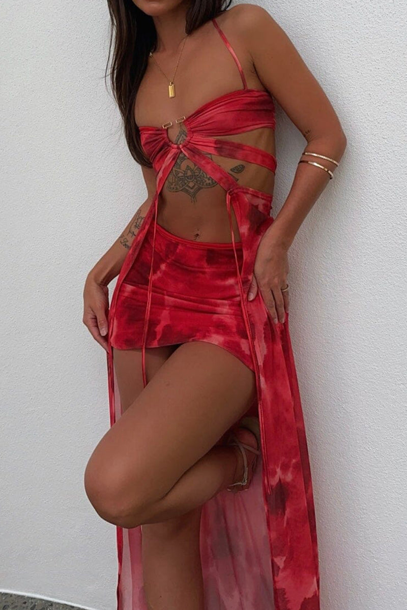 Clistos Pattern Print Cut-Out Halter Crop Top and Mini Skirt Matching Set - View 9 | Clistos